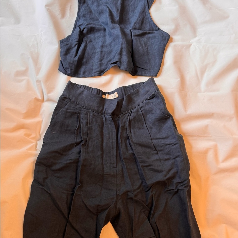 First Rite linen Blue Pants & crop Set